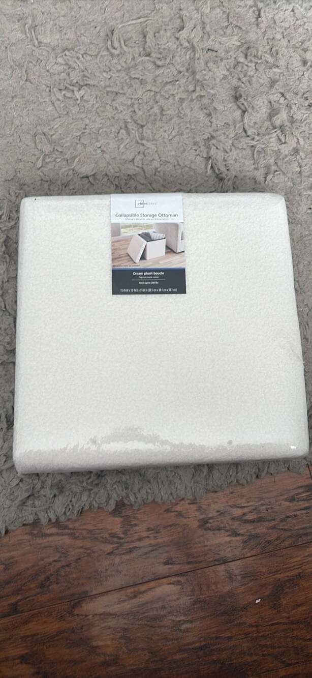 Mainstays Collapsible Storage Ottoman, Cream Plush Boucle, 15" x 15" x 15"